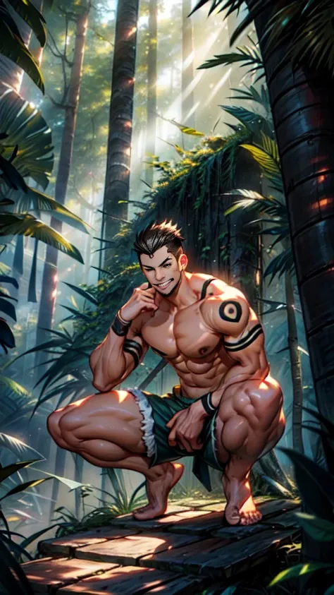 (A corner of the photo from bottom to top) (Highest quality images) Lion Man ,real, young,（Grinning） ， Wearing shorts, Crotch protrusion, Anime Character, Squatting on the ground, Legs open, male face, bonito rosto young, Undercut Hair, Huge chest muscles,...