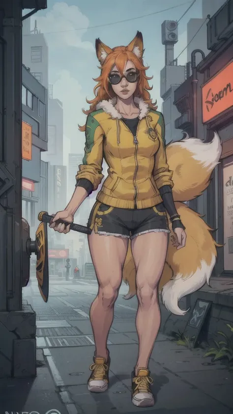 Masterpiece, ultra-detailed, (1girl, solo, Skinny fox girl, yellow sunglasses, green jacket, black shorts, yellow sneakers, orange hair, fox tail), (holding skateboard in hands, holding in hands, grab objects), (detailed clothes, detailed fur texture, deta...