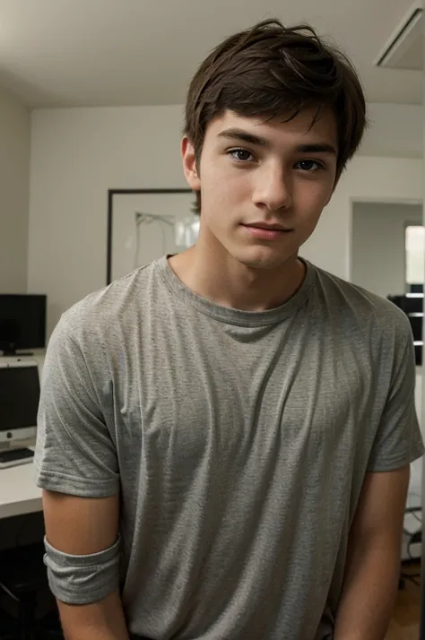 A young man, Alex, in front of the computer with a curious expression