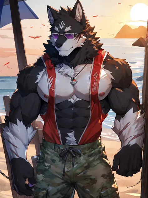 embedding:black wolf, male,purple eyes,Scar on the face, scar on the body,Single Person,sunglasses,Black fur.A swimsuit,Beach Pants，Mature, The highest quality of scene detail,adult,Tall and powerful,muscle，Best quality hands, best quality eye，detailed fur...