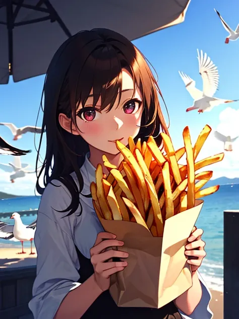 Lots of seagulls、Seagulls and French fries, Seagull and Fries, (tibi Misaka Mikoto), UHD, retina, masterpiece, ccurate, anatomically correct, textured skin, super detail, high details, high quality, best quality, highres, 4K