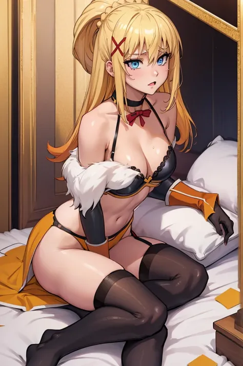 Darkness from KonoSuba, hoy horny and sexy blonde girl, yellow-orange bra and panties, stockings, choker