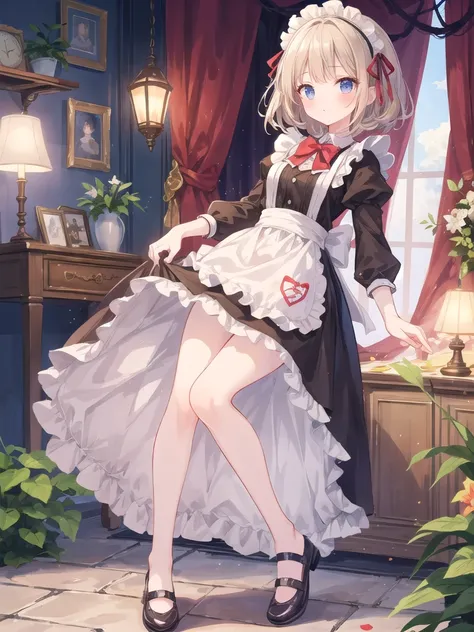 Girl in maids outfit, fairy tale room. High quality, masterpiece,panty