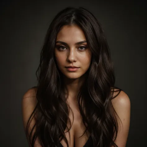 an eye contact of an alluring brunette with long hair and dark theme