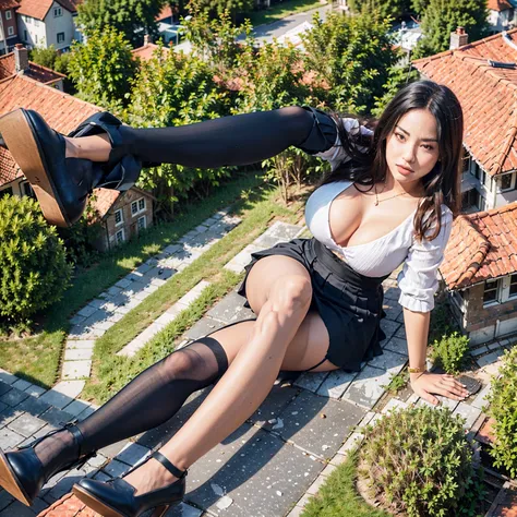 pretty lady MoonLay, tallgts,giantess，Full body photo，BuildingSeat,school uniforms，glass,Big breasts，pencil skirts，black lence stockings，stiletto，(Long legs:1.2),Extremely tall girl，Above the house，Beautiful looks，Delicatemakeup，Perfect lighting，Cinematic ...