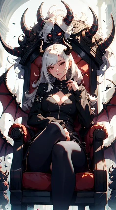 anime - style illustration of a woman with horns sitting in a chair, white horns queen demon, demon anime girl, artgerm and rossdraws, ahegao, trending on artstation pixiv, beautiful succubus, :: rossdraws, 1 7 - year - old anime goth girl, monstergirl, ni...