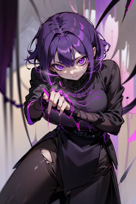 1female, dark purple hair, colored ringed purple eyes, glowing eyes, short hair, tied up hair, black shirt, purple overcoat ripped, black pants, city background, detailed background, hands to side, standing on path