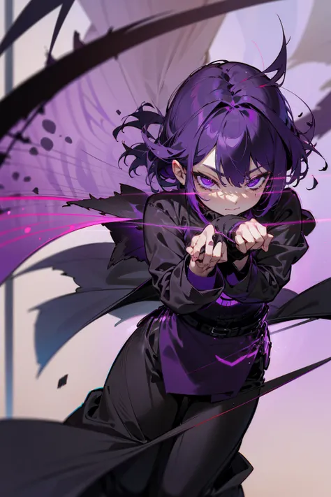 1female, dark purple hair, colored ringed purple eyes, glowing eyes, short hair, tied up hair, black shirt, purple overcoat ripped, black pants, city background, detailed background, hands to side, standing on path