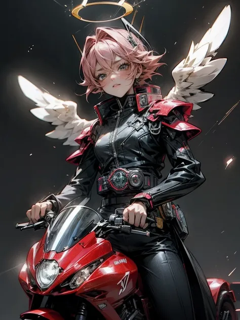 Kamen Rider,Angel, woman,heaven arena background,spark rider belt,halo,shining morter cycle riding