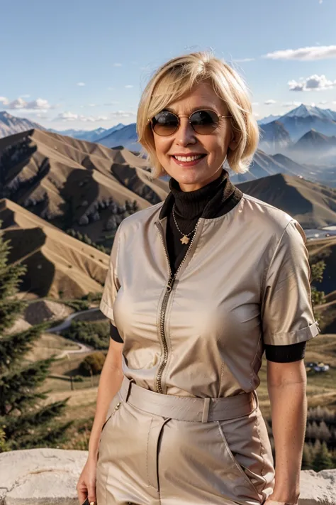 Short hair blonde mature older Woman sunglasses standing at mountain full body smiling 