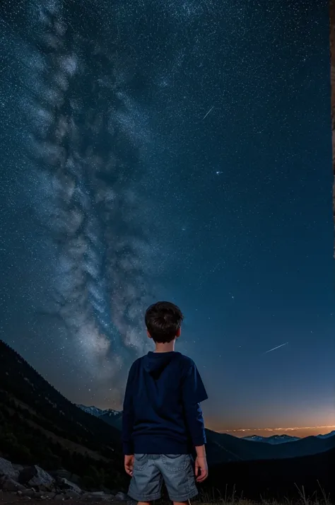 A boy looking at night sky ,sky was full of star and mountain view and space 