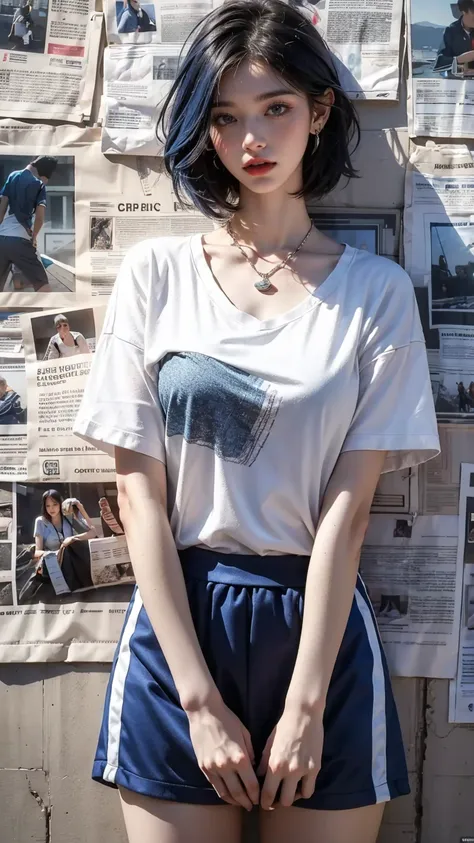 1 girl,solitary,permanent,(white|blue|slope_hair),jewelry,earrings, necklace,{jk}, newspaper wall,medium breasts,clothes writing...