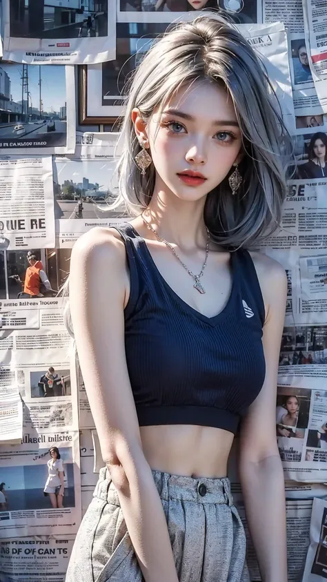 1 girl,solitary,permanent,(white|blue|slope_hair),jewelry,earrings, necklace,{jk}, newspaper wall,medium breasts,clothes writing...