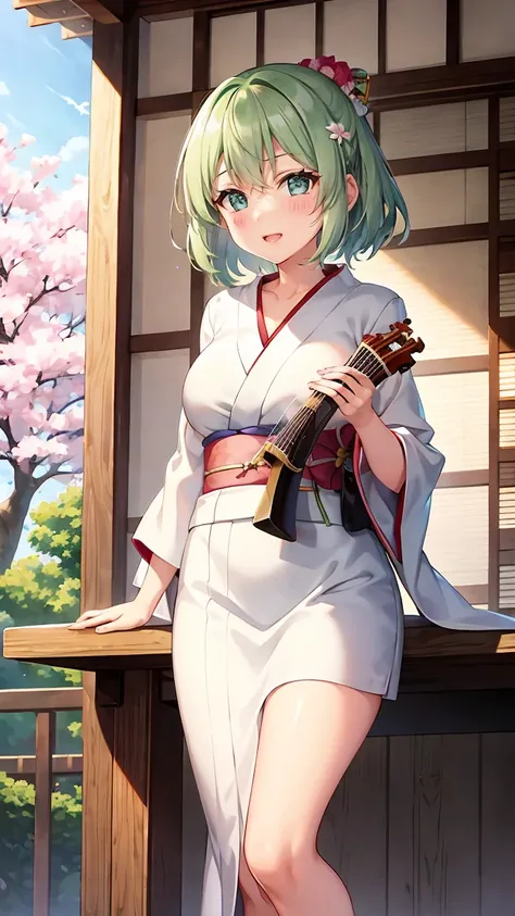 Girl with short green hair, Small breasts, Green Eyes, White Casual Wear Beauty Special、(((tits))),Full body photo from head to toe、Kimono、Patterned Japanese clothing、Cherry tree in full bloom、Fluttering petals、、Graceful Manners、Playing the shamisen、Playin...