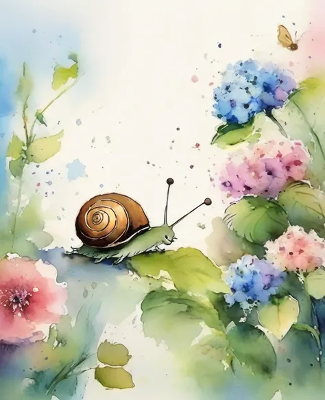 Quentin Blake style photo 、Hydrangea and Little Snail、Overslept、Sprinting、High resolution、Highest quality、masterpiece、Very detailed