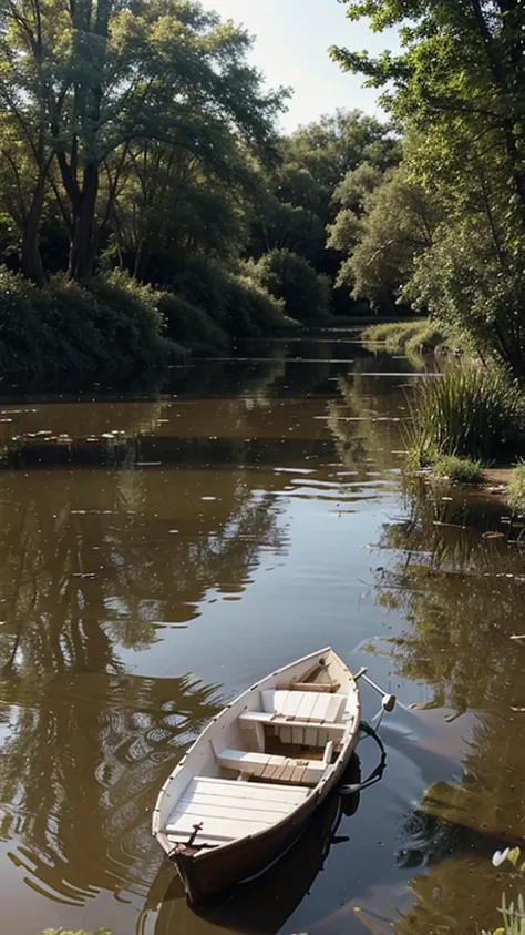 a small boat in a small pond , muddy , natural scene