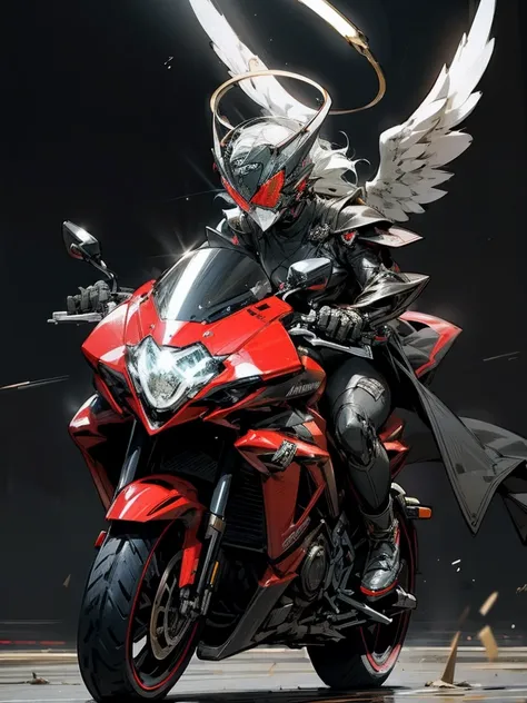 Kamen Rider,Angel, woman,heaven battle arena background,rider kick,halo,morter cycle riding,riders battle royal,