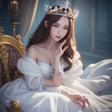 There is a woman in a white dress with a crown on her head., a Beautiful fantasy queen, ((Beautiful fantasy queen)), Portrait of a Princess, Works of art in the Gubes style. 5D CGI Anime Fantasy Artwork, 8K high definition detailed art  