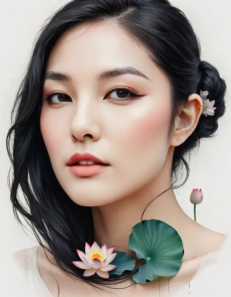 Modern minimalist art，（Close-up of a woman with a lotus tattoo on her neck）,This woman has a pretty face，Black long hair，（Lotus Tattoo On Neck：1.3），Flowing hair illustration，Fair face，fox, slim, beautiful eyes， Elegant digital art, Beautiful digital illust...