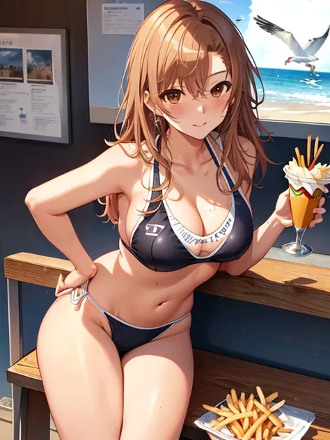 Lots of seagulls、Seagulls and French fries, Seagull and Fries, (SD Misaka Mikoto), School Swimsuit、UHD, retina, masterpiece, ccurate, anatomically correct, textured skin, super detail, high details, high quality, best quality, highres, 4K