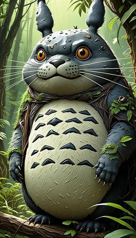 Portrait of a real Totoro, Surreal, Very fine fur, Sharp focus, Fine Lines, Fine art, Soft colors, In the sunlight, Detailed painting by Marc Ariane, art gelm, bastien lecouffe - deharme, Exoplanet colonization sites, A new frontier, Terraforming efforts, ...