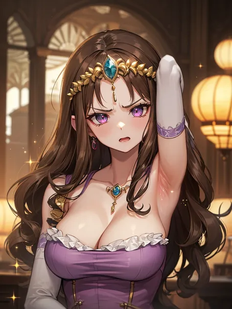 ((Showing off armpits))((Crying)),((Angry)),((Purple blouse)),((close up of face)),((Dark brown hair)),Anime art style,masterpiece,(Highest quality), ((Scared)),(Very detailed),(Very delicate and beautiful),(alone),,(Detailed face and eyes),Beautiful eyes ...