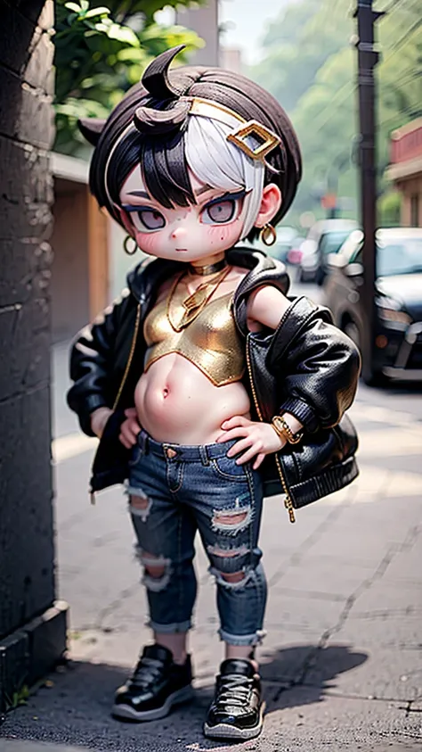 A unique character of a 3-year-old boy with the following features: obese body, short legs, protruding belly, wearing sunglasses, earrings, a tank top, a hooded jacket pushed down to his shoulders, a mohawk hairstyle, baggy jeans, a gold necklace, and a go...