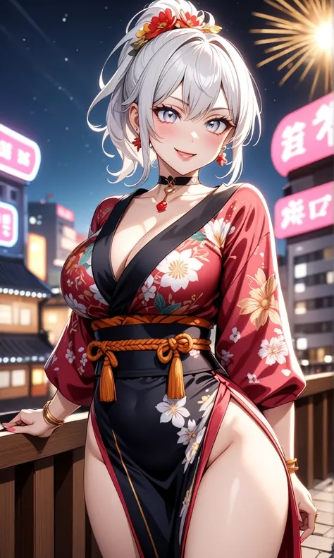 ((One personの女性)), Beautiful Face,Laughing shyly,((Wink:2.0)),Laugh with your mouth wide open((Bright red cheeks:1.4)),Glossy pink lips,night,rooftop,Festive decorations,You can see the ocean, firework,Laughing with your mouth open,Glossy pink lips,Lightin...