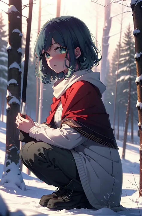 akanekurokawa, akane kurokawa, bangs, (Green Eyes:1.3), Blue Hair, Medium Hair, dark Blue Hair,smile,blush,White Breath,
Open your mouth,snow,Ground bonfire, Outdoor, boots, snowing, From the side, wood, suitcase, Cape, Blurred, , forest, White handbag, na...