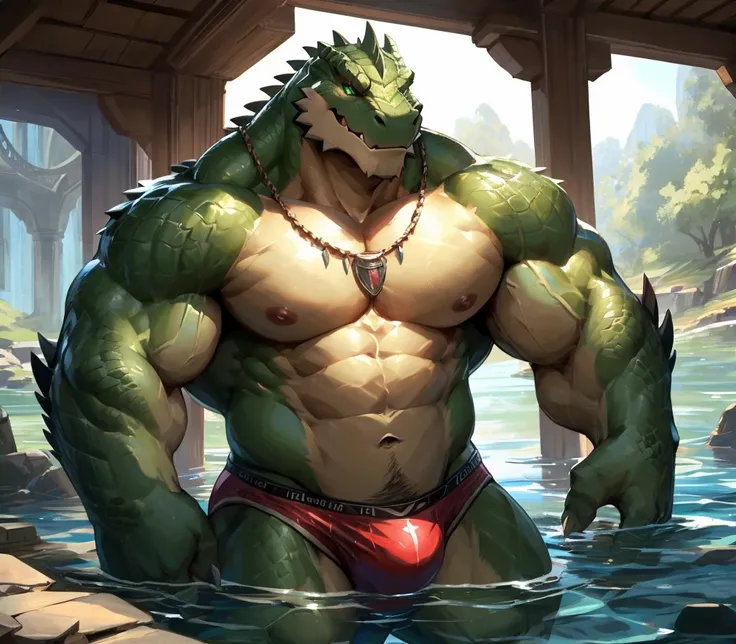 absurdres, ((best quality)), ((masterpiece)), (ultra detailed),perfect face,antro aligator:2.5, male, ((green crocodile skin)), aligator look, (strong beefy muscular body), (yellowish belly),(abs, strongmuscles, 8 pack), furry, handsome,Beautiful and delic...