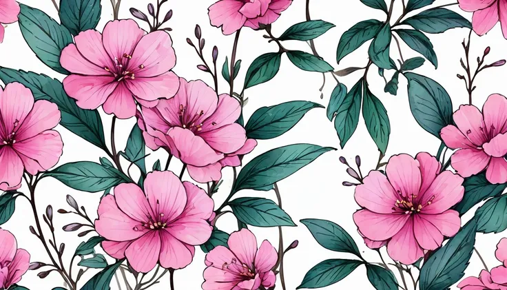 Linear drawing with pink flowers and leaves in watercolor style,  On a white background!!
This is all right!!!. With good quality!. A little small to fit in the margins!!!.