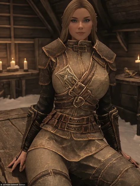 Against the breathtaking backdrop of a snow-capped Skyrim landscape, a stunning blonde female Breton sits elegantly, clad in supple leather armor adorned with intricate details. Her flowing skirt rustles against the cold wind as she poses confidently, her ...