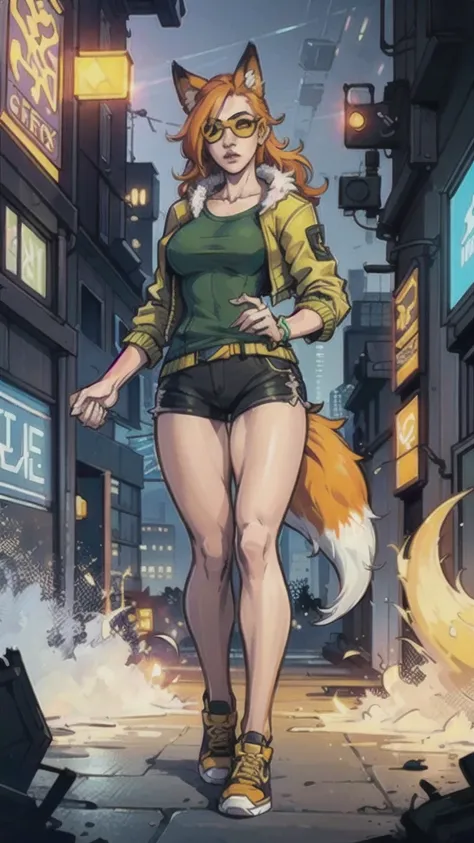 Masterpiece, ultra-detailed, (1girl, solo, Skinny fox girl, yellow sunglasses, green jacket, black shorts, yellow sneakers, orange hair, fox tail), (holding in hands [skateboard, long board:1.35]), (detailed clothes, detailed fur texture, detailed face), (...