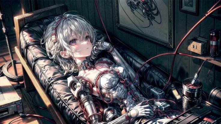 (((masterpiece))), (((Highest quality))), ((Very detailed)), (Highly detailed CG illustrations), ((Very delicate and beautiful)),(Cute and delicate face),Light,((1. Machine Girl)),alone,whole body,(Machine made joints:1.4),((Mechanical Limbs)),(Muscle swel...