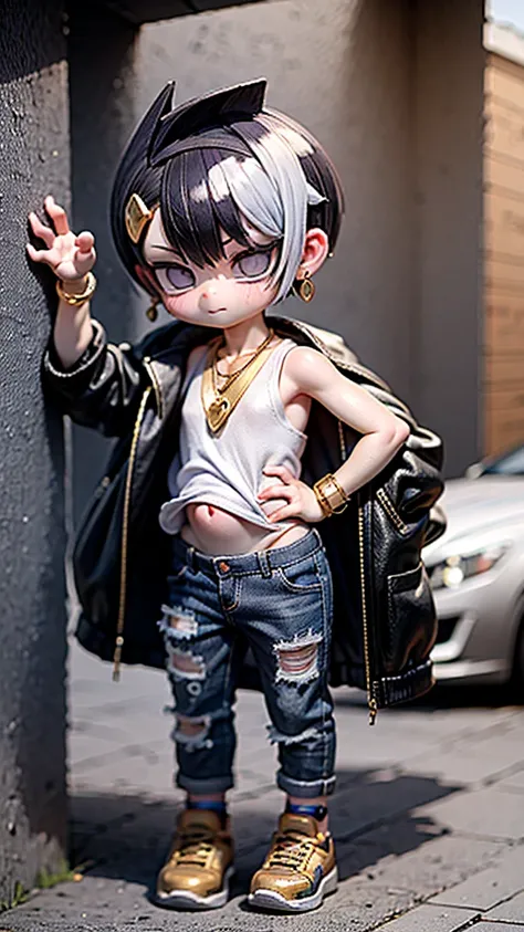 A unique character of a 3-year-old boy with the following features: obese body, short legs, protruding belly, wearing sunglasses, earrings, a tank top, a hooded jacket pushed down to his shoulders, a mohawk hairstyle, baggy jeans, a gold necklace, and a go...