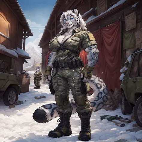 solo, 1girl, snow leopard, white hair, blue eyes, female, buff, muscular, huge breasts, gold eyes, highly detailed eyes, Amazon, wearing camouflage_uniform, (urban uniform:1.2), military camp, rolled sleeves, shirt, trousers, cleavage, standing upright, co...