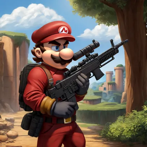 Mario hold an assault rifle in his hands 