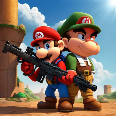 Mario hold an assault rifle in his hands 