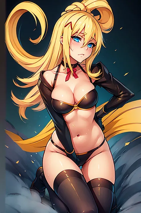 Darkness from KonoSuba, hoy horny and sexy blonde girl, yellow-orange bra and panties, stockings, choker