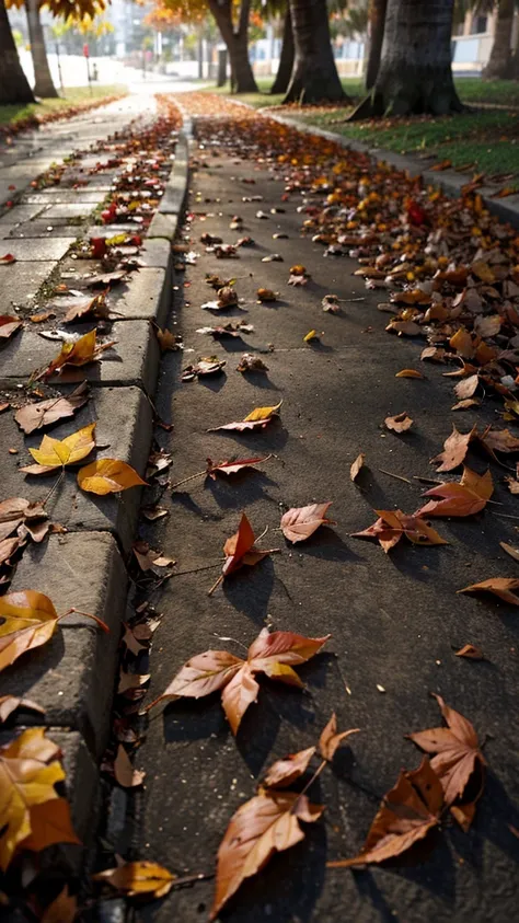 a season of automn , leaves fallen on footpath , close up shot , red leaves of palm tree