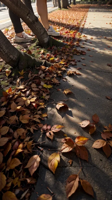 a season of automn , leaves fallen on footpath , close up shot , red leaves of palm tree