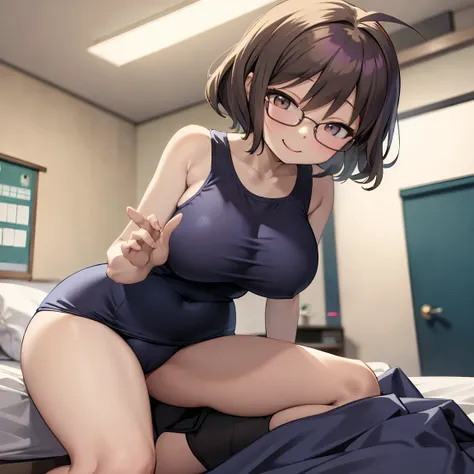 8k、masterpiece、Japanese、Woman wearing glasses、anise、from the front、smile、Childish、Big Breasts、Sheer School Swimsuit、night、Bedroom、Move the cloth between your legs to show