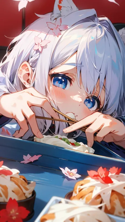 （Highest quality，masterpiece，Surreal），Silver Hair、blue eyes、Lying on the futon、Eat katsudon、looks delicious、Holding chopsticks in your right hand、Beautiful and delicate girl portrait，Playful and cute，Background Petals fluttering，