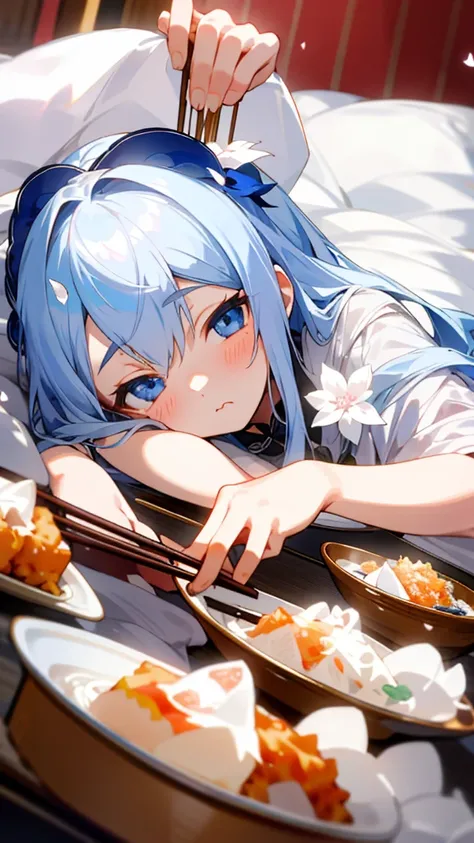 （Highest quality，masterpiece，Surreal），Silver Hair、blue eyes、Lying on the futon、Eat katsudon、looks delicious、Holding chopsticks in your right hand、Beautiful and delicate girl portrait，Playful and cute，Background Petals fluttering，