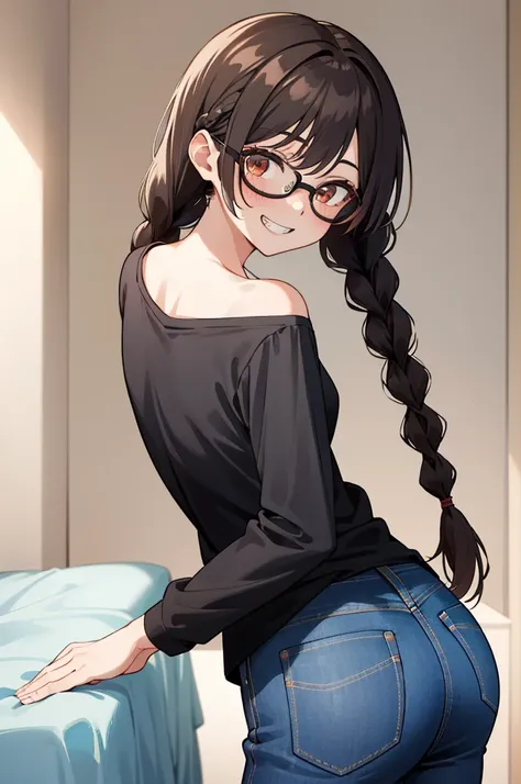 masterpiece, best quality, highres, aachizuru, long hair, twin braids, twintails, glasses, collarbone, black shirt, long sleeves, pants, jeans, standing, cowboy shot, my room,ass,from back,grin