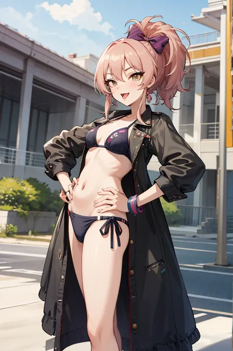 masterpiece, best quality, highres, aamika, ponytail, hair bow, , standing, cowboy shot, outdoors, hands on hips, ,wink,bikini,open mouth,tongue