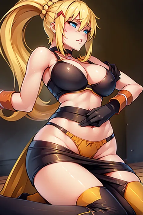 Darkness from KonoSuba, hoy horny and sexy blonde girl, yellow-orange bra and panties, stockings, choker