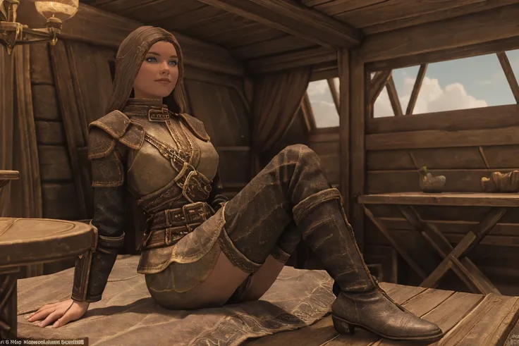 Elder Scrolls fantasy: A seductive female Breton maiden sits poised on the ship to Daggerfall, her crossed legs a subtle invitation. Soft sunlight bathes her porcelain skin as she wears a tantalizingly short skirt and knee-high leather boots, her smile bec...