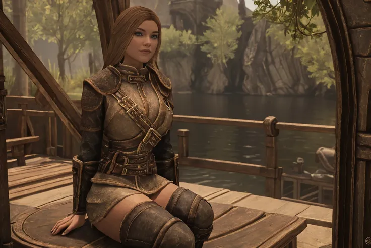 Elder Scrolls fantasy: A seductive female Breton maiden sits poised on the ship to Daggerfall, her crossed legs a subtle invitation. Soft sunlight bathes her porcelain skin as she wears a tantalizingly short skirt and knee-high leather boots, her smile bec...