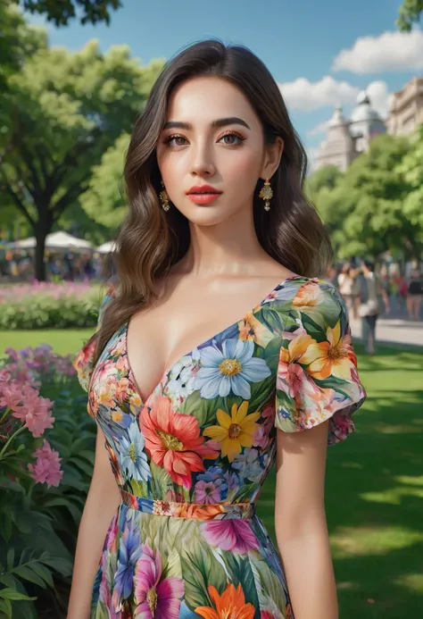 You must use the face of the uoloaded photo, a woman standing in a colorful floral dress, full body shot, standing in a public city park, shot from a distance, beautiful detailed eyes, beautiful detailed lips, extremely detailed eyes and face, long eyelash...